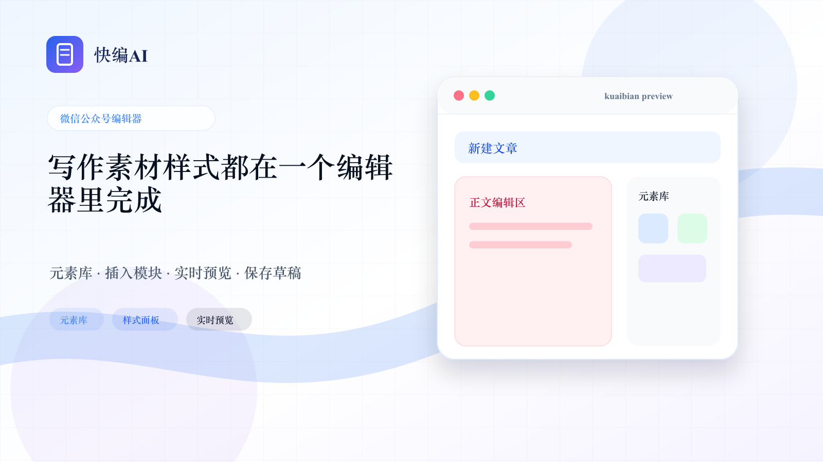 写作、排版、素材和预览都在一个编辑器里完成 - 快编AI功能示意图